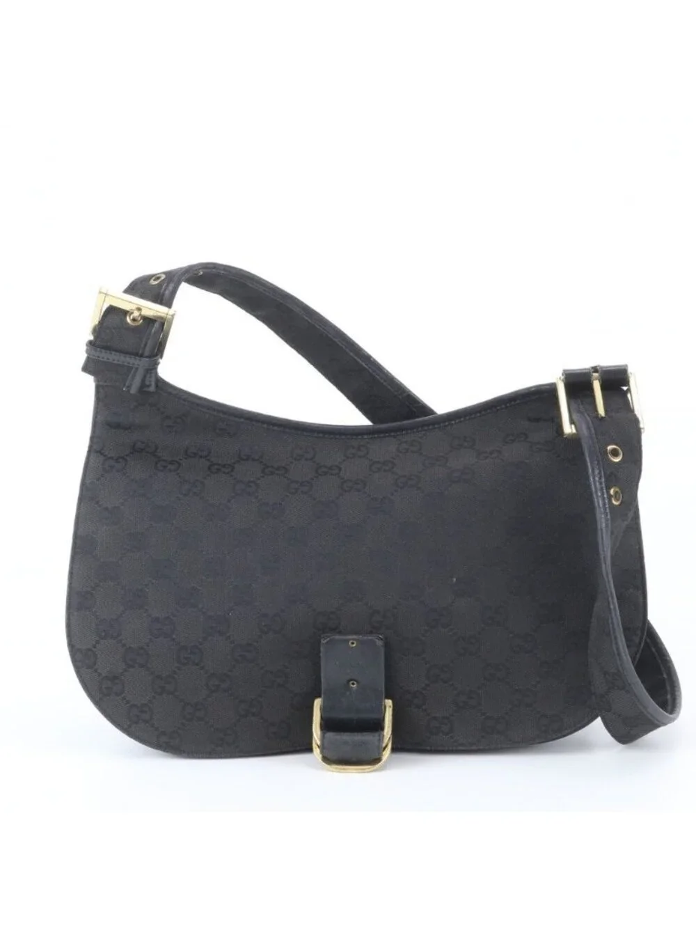 Gucci GG Canvas Flap Leather Shoulder Bag Hand Black